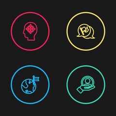 Set line Planet with flag, Hand for search people, Flag and Head hunting icon. Vector