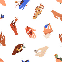 Seamless esoteric mystic pattern. Witch hands with occult creepy symbols repeating print. Witchcraft background design. Black magic endless texture for decoration, fabric. Flat vector illustration