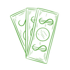 Hand engraved dollars with fan. Simple contour image of usa currency. Cash green money doodle vector illustration