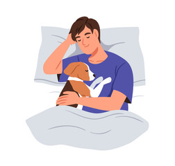 Happy person sleeping with dog in bed. Pet owner and cute doggy asleep at night. Man dreaming together with canine animal on pillow under blanket. Flat vector illustration isolated on white background