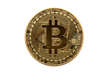 Gold Bitcoin electronic cryptocurrency money currency coin, png stock photo file cut out and isolated on a transparent background