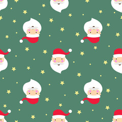 Seamless new year holiday vector pattern with santaclaus head in red hat and beard on green background with yellow stars for textile and wrapping paper