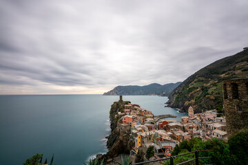 Vernazza cinque terre national park colorful houses bay blue sea clouds and sky