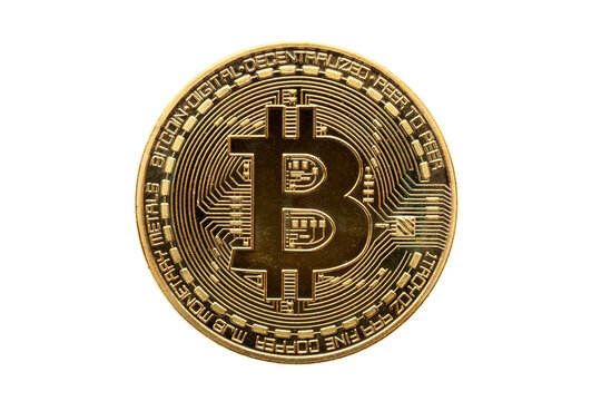 Gold Bitcoin electronic cryptocurrency money currency coin, png stock photo file cut out and isolated on a transparent background