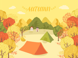 Cute autumn illustration in hand drawn style, concept of forest camping, applicable to cover, invitation, and greeting card.