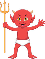 cartoon red devil holding trident - obrazy, fototapety, plakaty