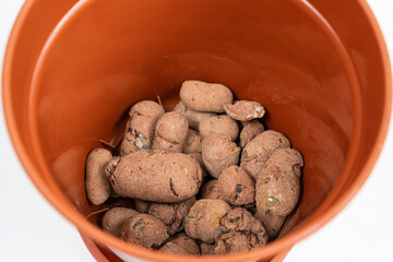 Claydite drainage stones in a pot for houseplants on a white background.