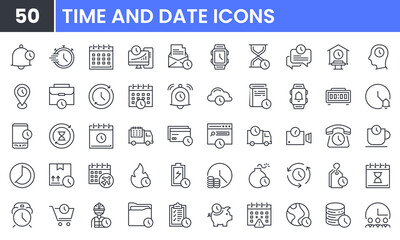 Time and Date vector line icon set. Contains linear outline icons like Bell, Clock, Alarm, Calendar, Hourglass, Timer, Ring, Delivery, Watch, Deadline, Speed, Productivity. Editable use and stroke.