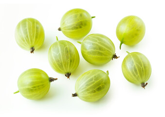 Green gooseberry isolated on white background. Set of ripe green gooseberry berries with clipping path. Top view.