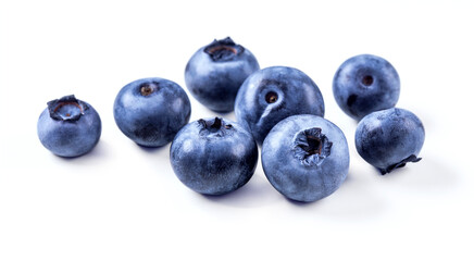 Blueberry isolated on white background. Closeup group of fresh ripe blueberries.