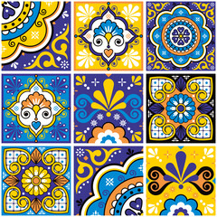 Mexican talavera tiles vector seamless pattern with flowers leaves, hearts and swirls in yellow and blue - big set, repetitive design styled as Mexican ornamental tiles 