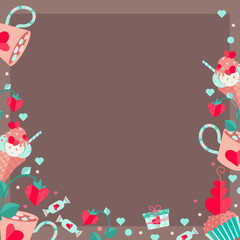 Vector february st valentine day greeting frame with hearts and strawberries or cupcakes and candies on chocolate empty background for invitation or gift cards for romantic paries 