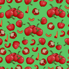 Seamless pattern with whole, half, wedges, and slices of Cherry Pepper. Pimento or Pimiento. Capsicum annuum. Vegetables. Vector illustration isolated on white background. Cartoon style.