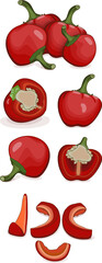 Set of Cherry Pepper for banners, social media. Whole, half, sliced and wedges peppers. Pimento. Pimiento. Capsicum annuum. Vegetables. Cartoon style. Vector illustration isolated on white background.