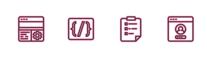 Set line Debugging, Clipboard with checklist, Programming language syntax and Create account screen icon. Vector