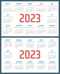 calendar for 2023 starts sunday and monday, vector calendar design 2023 year