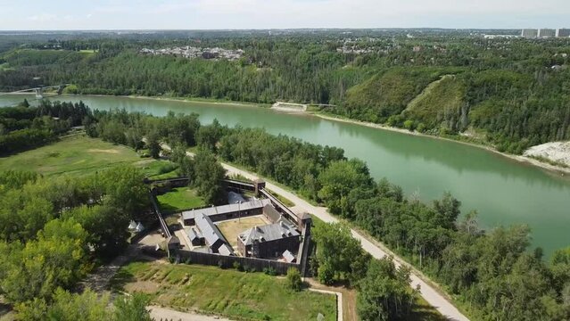 Sweeping drone angle of Fort Edmonton Park in Alberta Canada