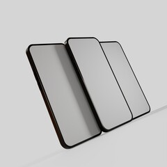 Smartphones in perspective for a better display of the presentation. Stylish template of three phones for mobile application interface design presentation. 3d rendering.
