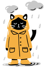 Sad cat in a raincoat under rain, in orange, grey and black color, in cartoon doodle style, can be used as an icon or sticker