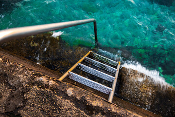 Metal Stairs Into Adriatic Sea Water in Piran Slovenia High Angle View