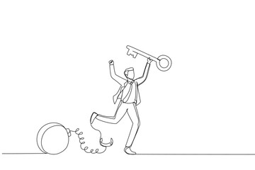 Illustration of happy businessman holding golden key after unlock debt burden chain. Metaphor for debt free and freedom life. No loan and mortgage expense. One continuous line art style