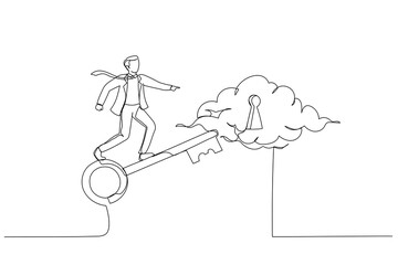 Drawing of smart businessman riding flying golden key to discover success keyhole. Metaphor for discovering success, unlock secret creativity to achieve business target. Single line art style