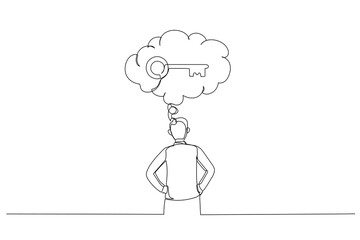 Drawing of businessman thinking about key to success. Single line art style