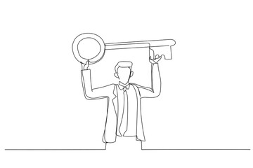Illustration of businessman standing carry big key in raised over head. Metaphor for having strategic key ideas. One line art style