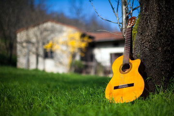 Country music Concept - Classic String Guitar in Rural Countryside European Environment 