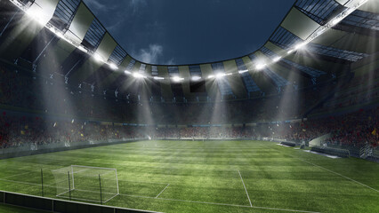 Empty football field with flashlights and dark night sky background. Stadium with filled stands with sports soccer fans. © master1305