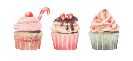 Watercolor set of cupcakes isolated. Watercolor dessert on white.