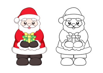 Happy Santa Claus holding out and giving a Christmas present cartoon. Colored and outline set. Coloring book page printable activity worksheet for kids.