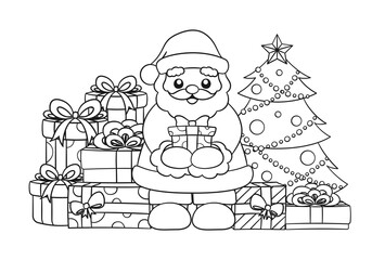 Happy Santa Claus next to a Christmas tree holding a present surrounded by colorful gift boxes. Line art cartoon illustration. Coloring book page printable activity worksheet for kids.