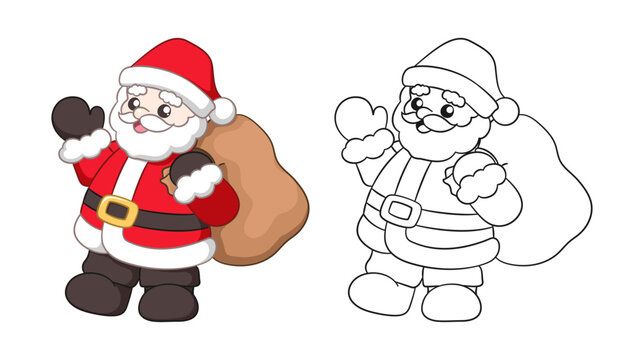 Santa Claus waving and holding a sack of presents cute cartoon illustration