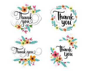 Thank you script decorated by flat design floral ornaments vector illustration