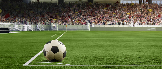 Corner kick. Soccer football ball lying on grass of football field at crowded stadium. Concept of sport, world championship