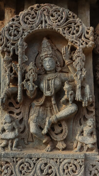 Carving Sculpture of Goddess Lakshmi on the Lakshminarayan Temple, Javagal, Hassan, Karnataka, India. 