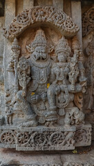 Fototapeta na wymiar The Beautiful Sculpture of Lord Narshimha and Goddess Lakshmi, Javagal Temple, Hassan, Karnataka. Masterpiece.