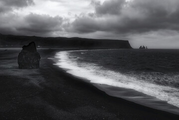 The world famous Vik beach in black and white, Iceland. In 1991, the US journal Islands Magazine...