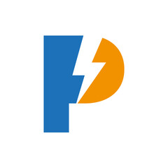 Letter P Electric Logo Concept With Power Icon, Volt Thunder Symbol Vector Template