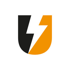 Letter U Electric Logo Concept With Power Icon, Volt Thunder Symbol Vector Template © pixstocker