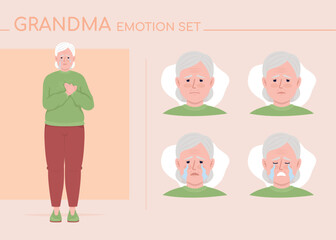 Crying senior woman semi flat color character emotions set. Editable facial expressions. Grief vector style illustration for motion graphic design and animation. Comfortaa font used