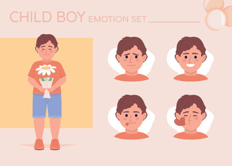 Little boy in love semi flat color character emotions set. Editable facial expressions. Romantic vector style illustration for motion graphic design and animation. Quicksand font used