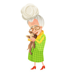 Vector illustration of a happy senior woman and her pet, her french bulldog