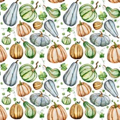 Seamless pattern with pumpkins watercolor illustration. Thanksgiving. Halloween.
