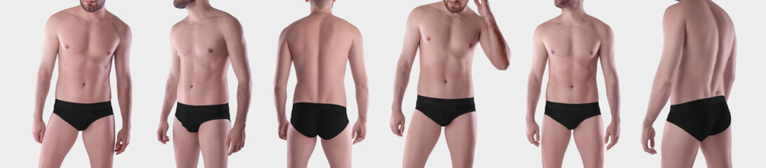 Mockup of black swimming trunks on a man, brief male underpants, isolated on background. Set of...