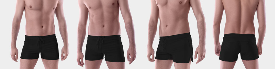 Mockup of black trunks on the athletic body of a man, isolated on background, front, side, back...