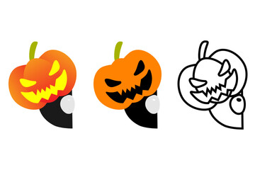 Halloween cute cartoon pumpkin man playing hide and seek. Jack-o-lantern character. Set of different color and line art. Isolated on white background, flat design, EPS10 vector