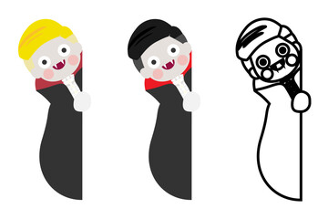 Halloween cute cartoon vampire playing hide and seek. Set of different color and line art. Isolated on white background, flat design, EPS10 vector