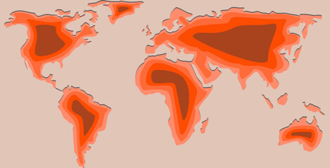 Planisphère simplifié, carte du monde avec effet papier découpé. Couleur facile à modifier. Illustration vectorielle